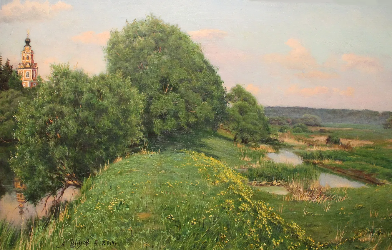 Photo wallpaper trees, picture, Church, river, Alexandr Shilov, Soviet and Russian artist, Alexander Shilov, May evening. Village …