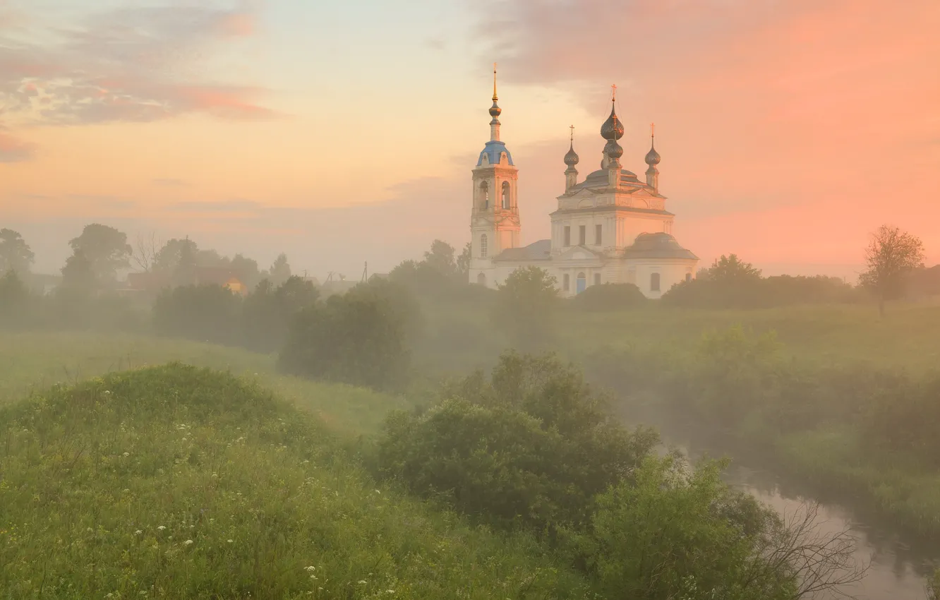 Photo wallpaper greens, landscape, nature, fog, dawn, morning, temple, the bell tower