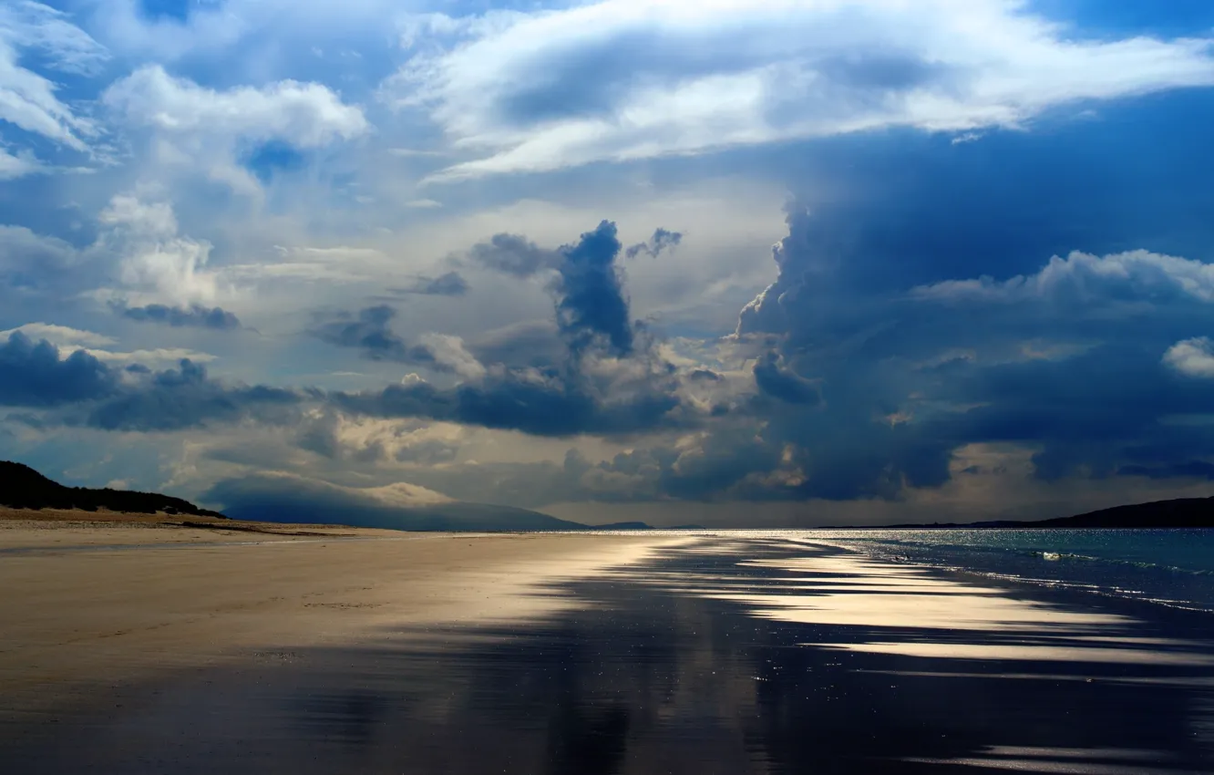 Photo wallpaper sea, the sky, light, clouds, shore, the reflection