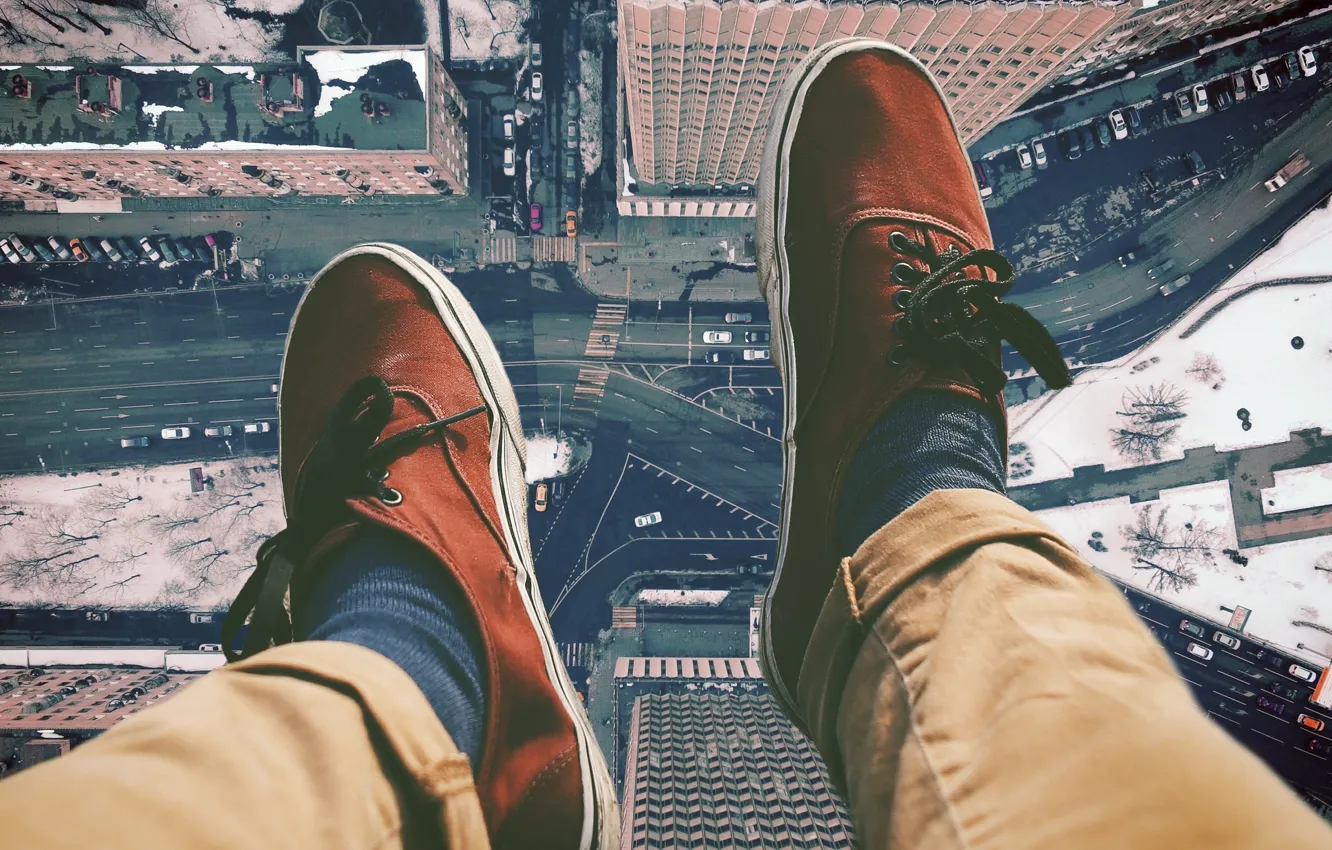 Photo wallpaper road, the city, street, feet, height, sneakers, home, the view from the top