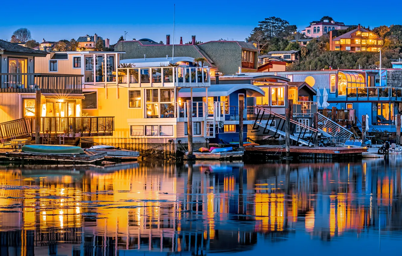 Photo wallpaper trees, lights, river, shore, boat, home, the evening, pier