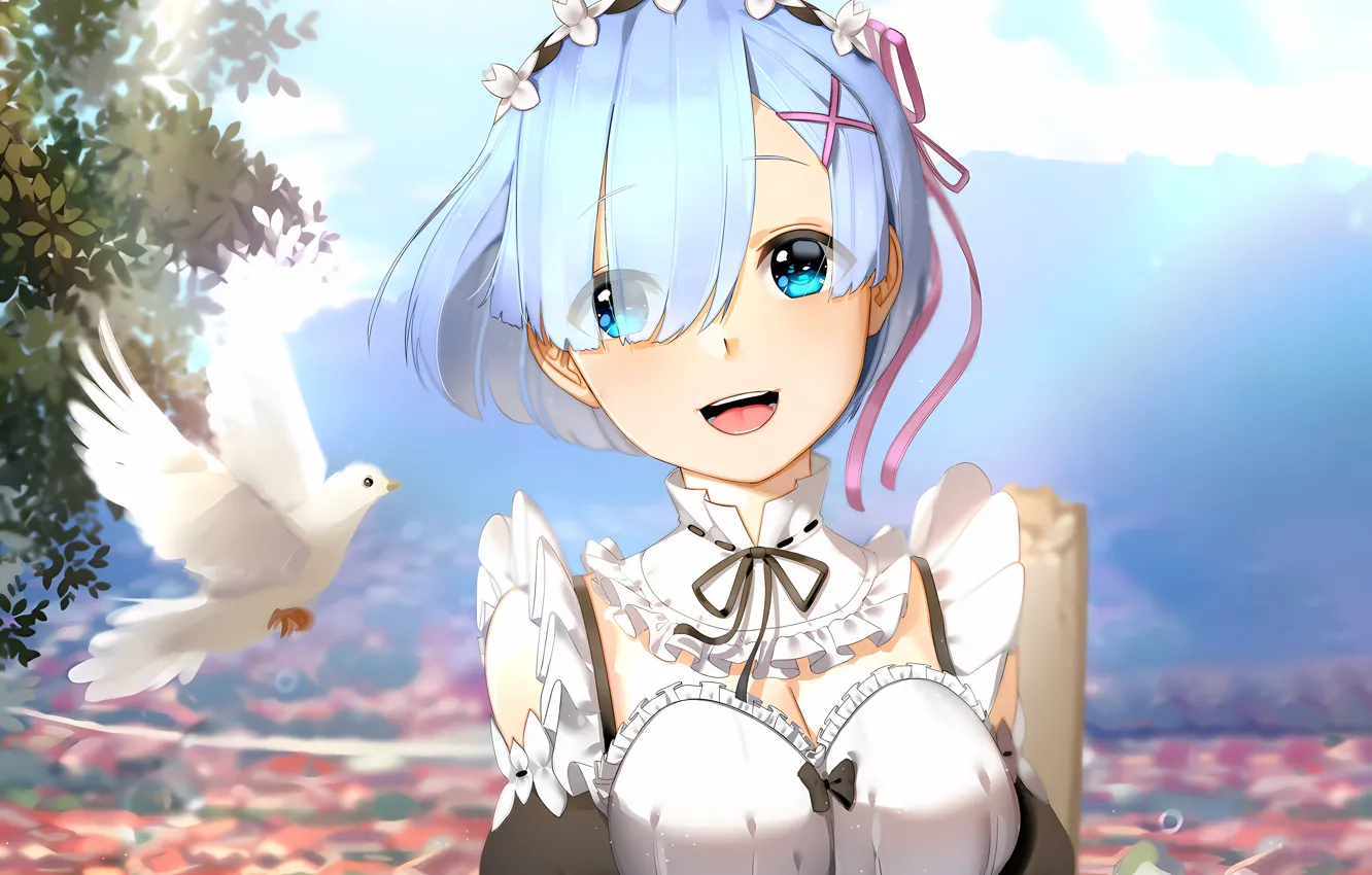 Photo wallpaper girl, sexy, cleavage, dress, boobs, bird, anime, blue eyes