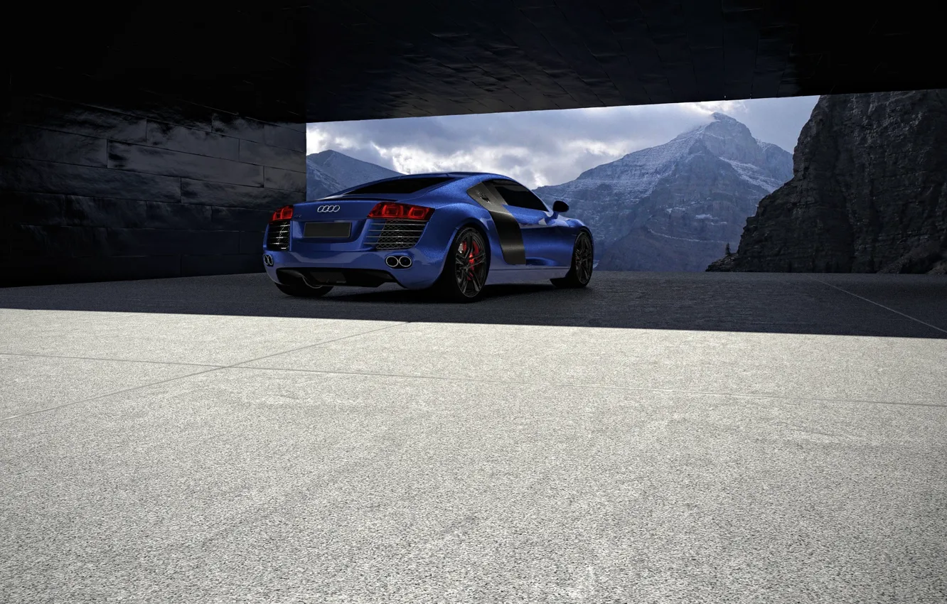 Photo wallpaper Audi, Blue, Winter, Mountains, Supercar, Rear, Architecture