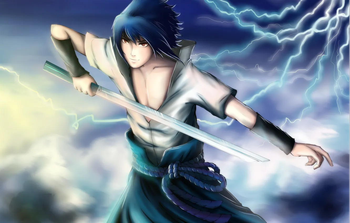 Photo wallpaper look, smile, weapons, lightning, sword, Naruto, Naruto, art