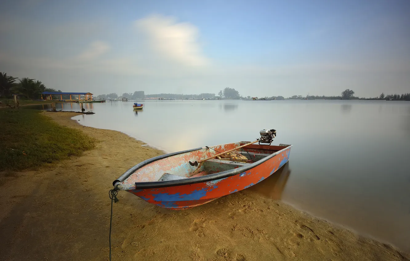 Photo wallpaper the sky, clouds, lake, boat