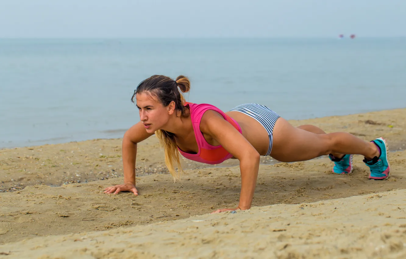 Photo wallpaper girl, beach, beautiful, sports, sporty