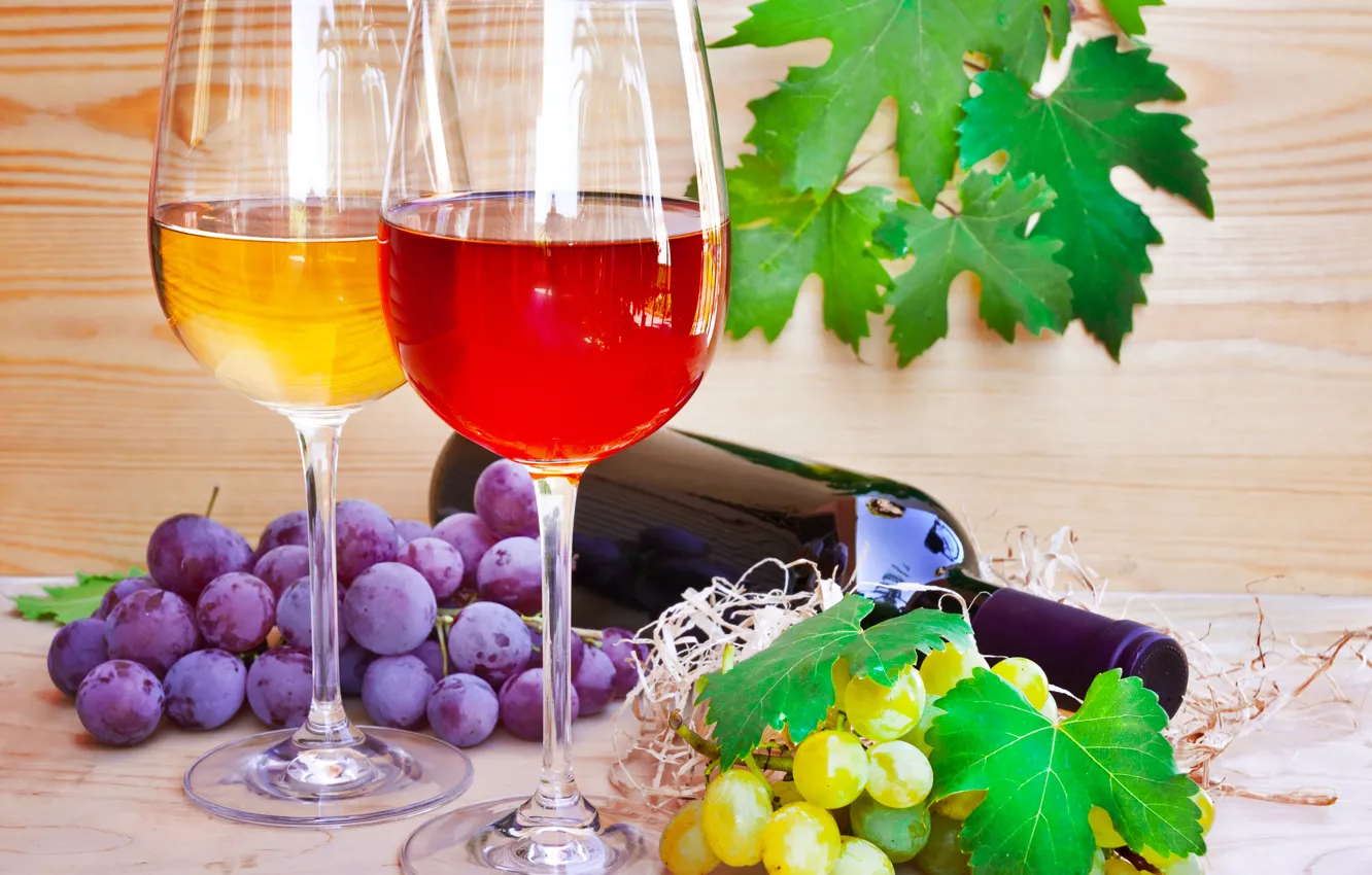 Photo wallpaper bottle, leaves, bunches of grapes, The wine glasses