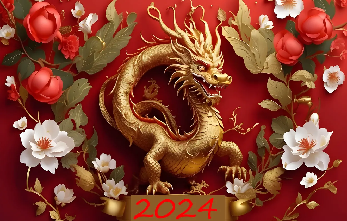 Photo wallpaper dragon, colorful, New year, golden, gold, symbol, Chinese, symbol of the year