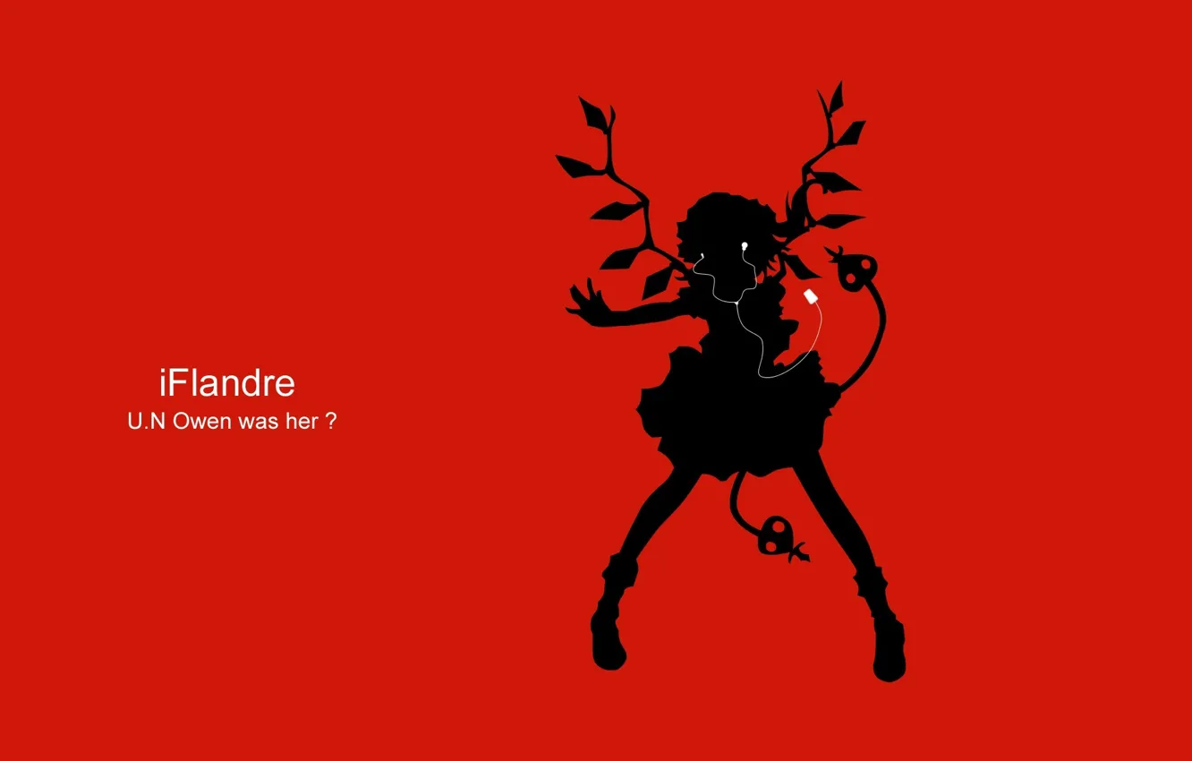 Photo wallpaper headphones, player, touhou, red background, Flandre Scarlet, black silhouette
