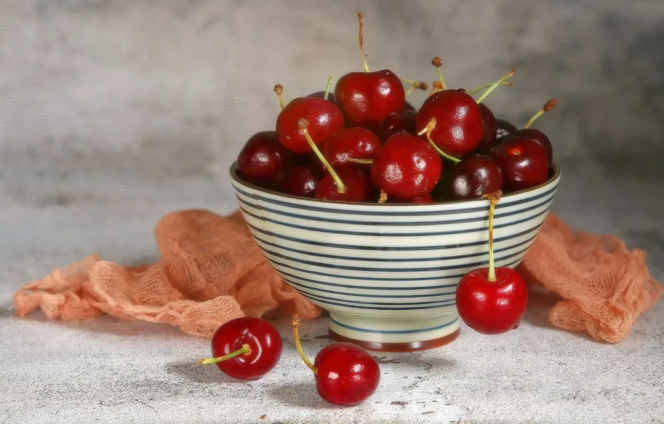Photo wallpaper drops, red, cherry, berries, table, bowl, cherry, bowl