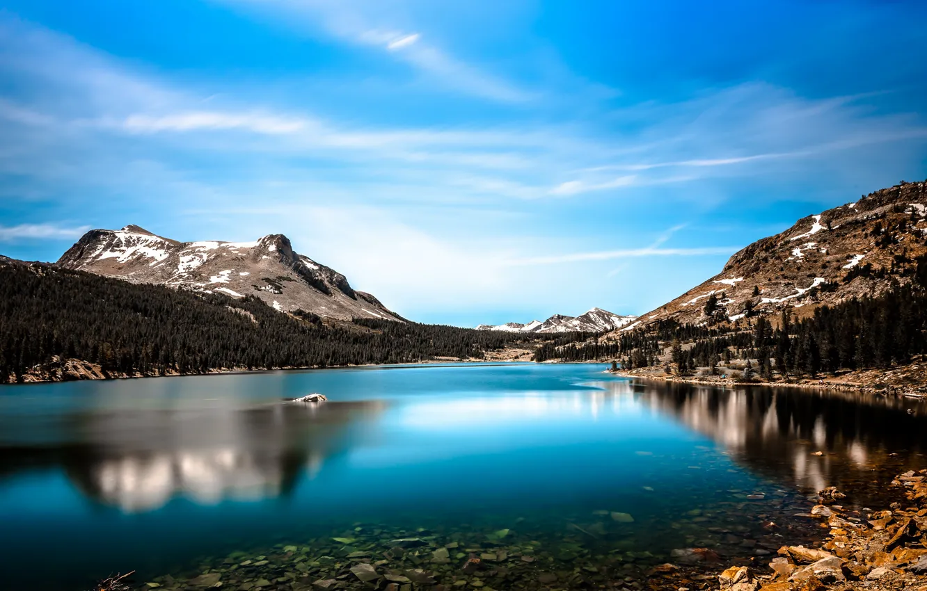 Photo wallpaper forest, the sky, mountains, lake, reflection, blue, stones, shore