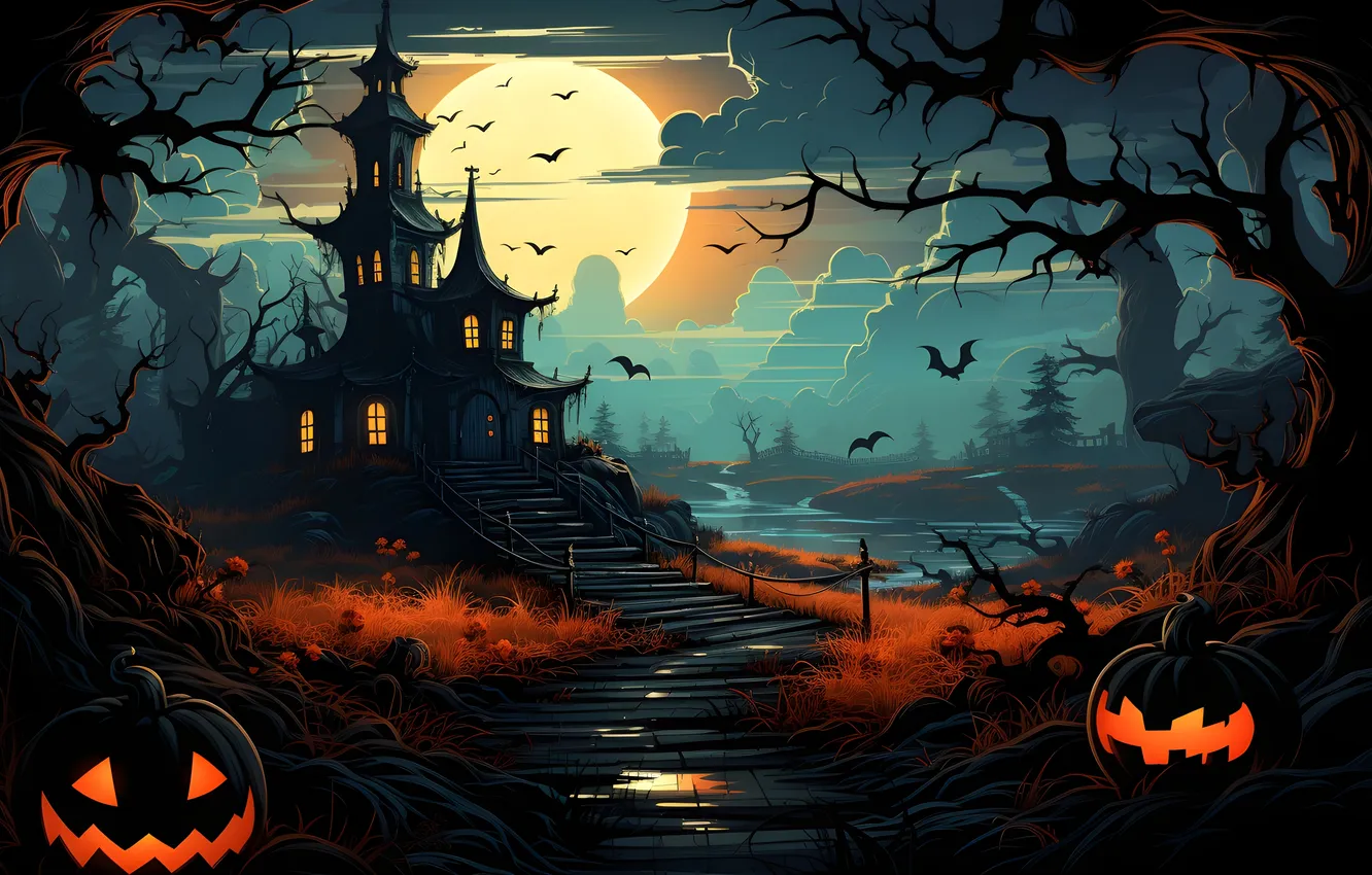 Photo wallpaper road, trees, night, clouds, lights, the moon, home, Halloween