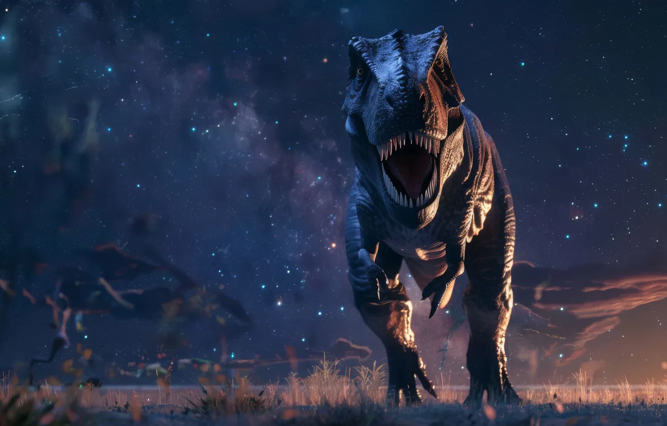 Photo wallpaper grass, face, night, animal, dinosaur, predator, teeth, grin