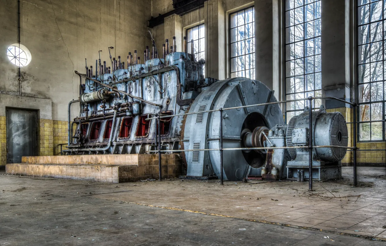 Photo wallpaper abandoned, pumping station, engine room