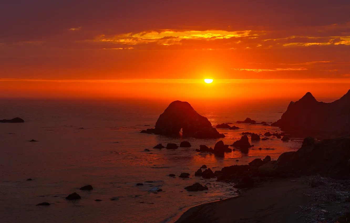 Photo wallpaper sea, the sun, sunset, rocks
