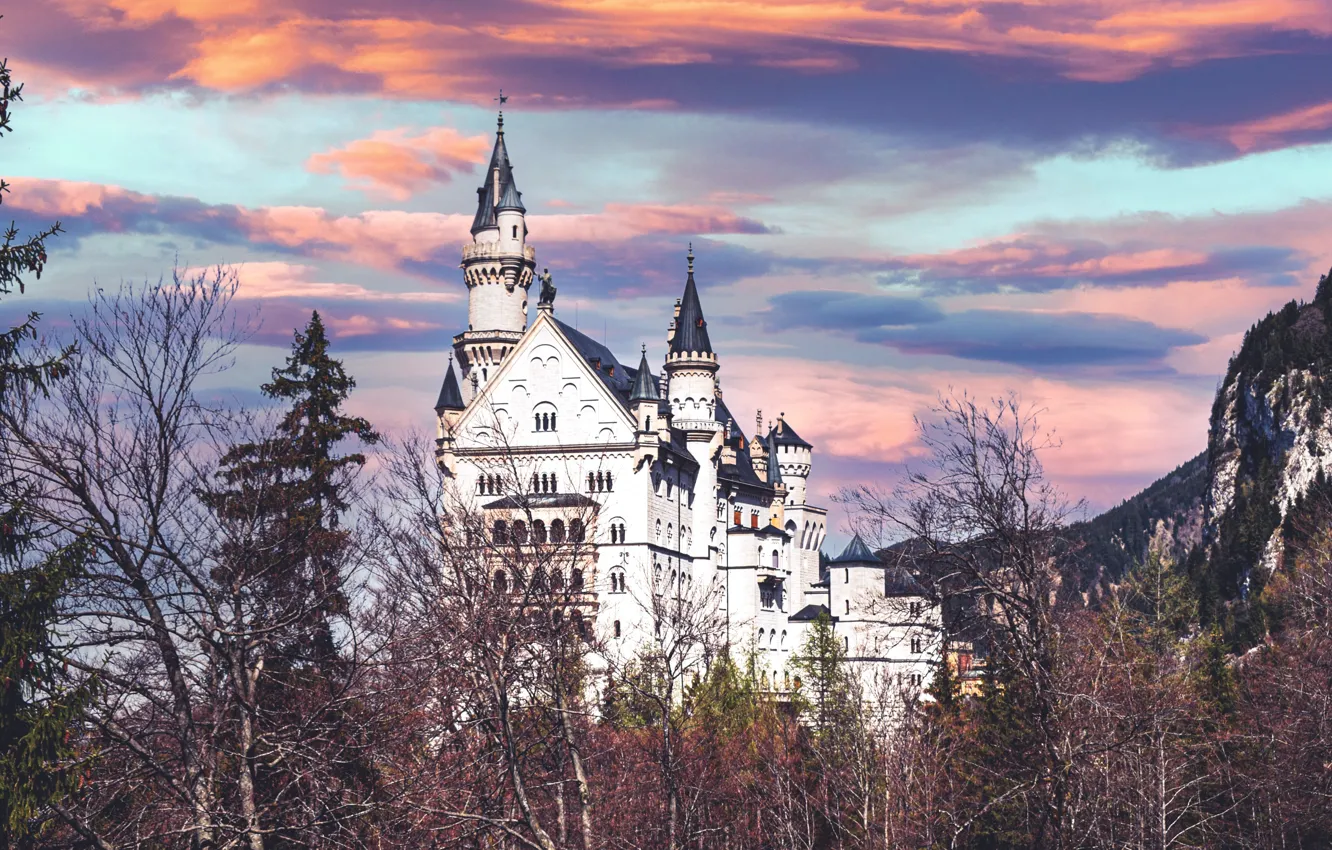 Photo wallpaper Neuschwanstein, German, sky, trees, Germany, wood, clouds, mountain
