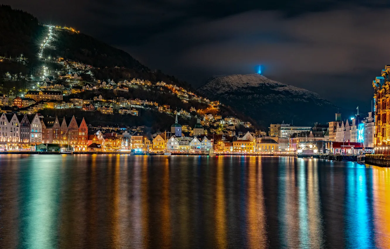 Photo wallpaper mountains, night, lights, home, boats, Norway, lights, Bay