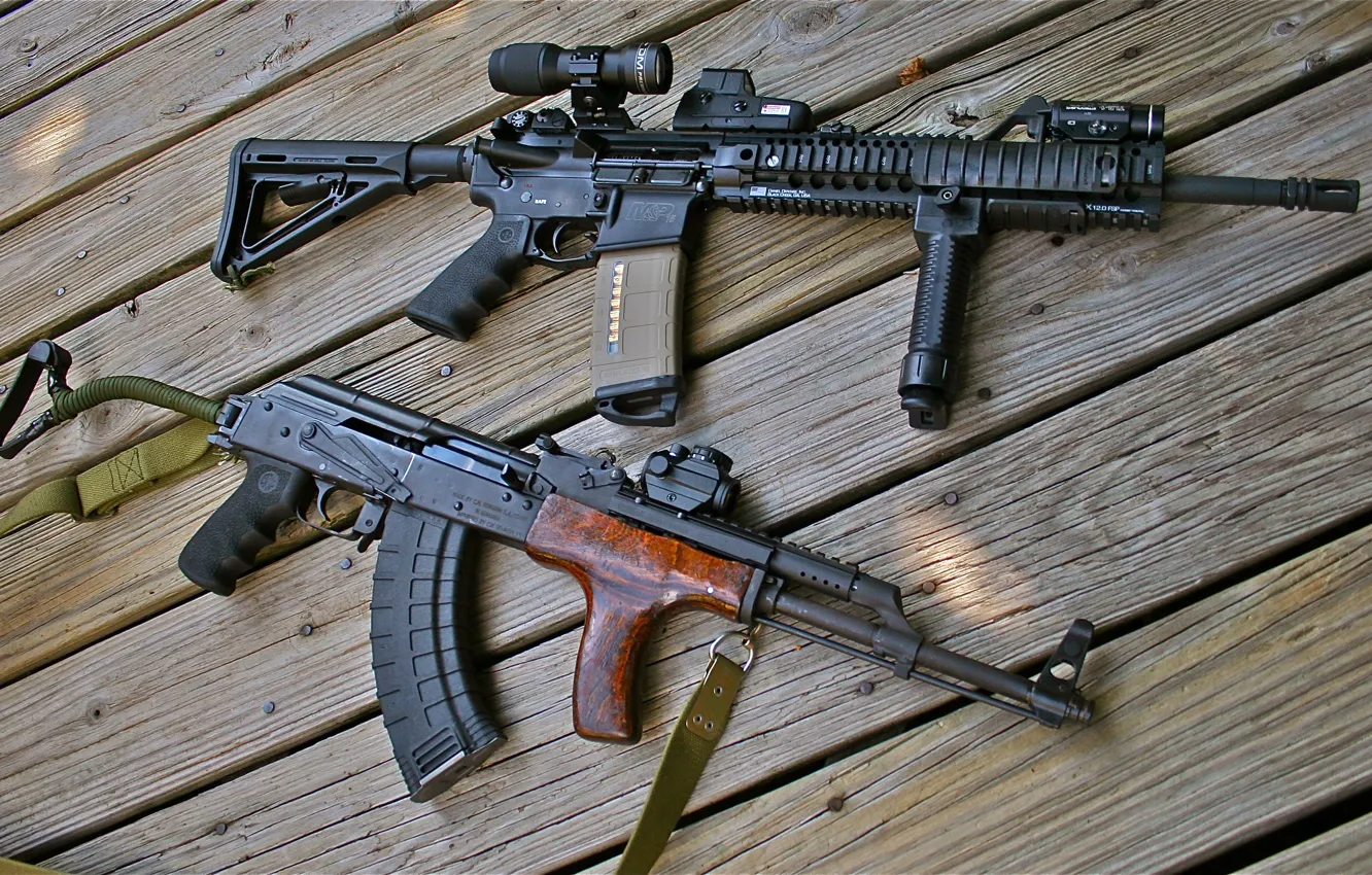 Photo wallpaper Board, machine, Kalashnikov, rifle, Smith&ampamp;Wesson, M&ampamp;P15, semi-automatic