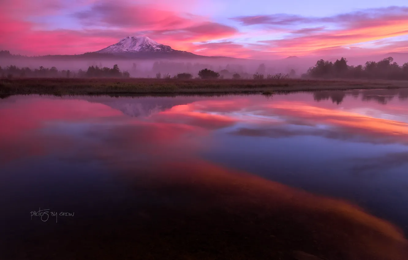Photo wallpaper autumn, clouds, reflection, lake, morning, USA, Washington, the volcano Adams