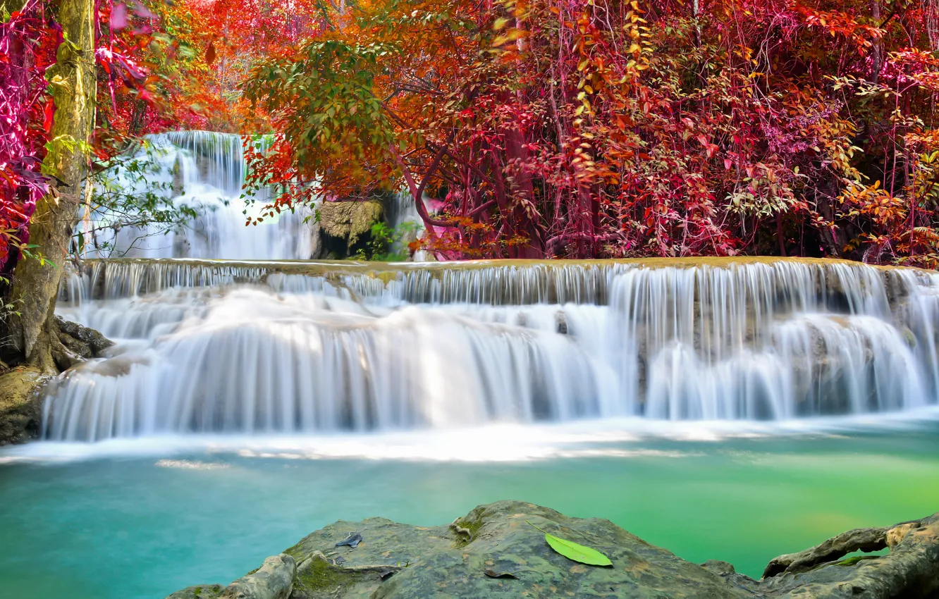 Photo wallpaper river, water, autumn, waterfall, flow, emerald