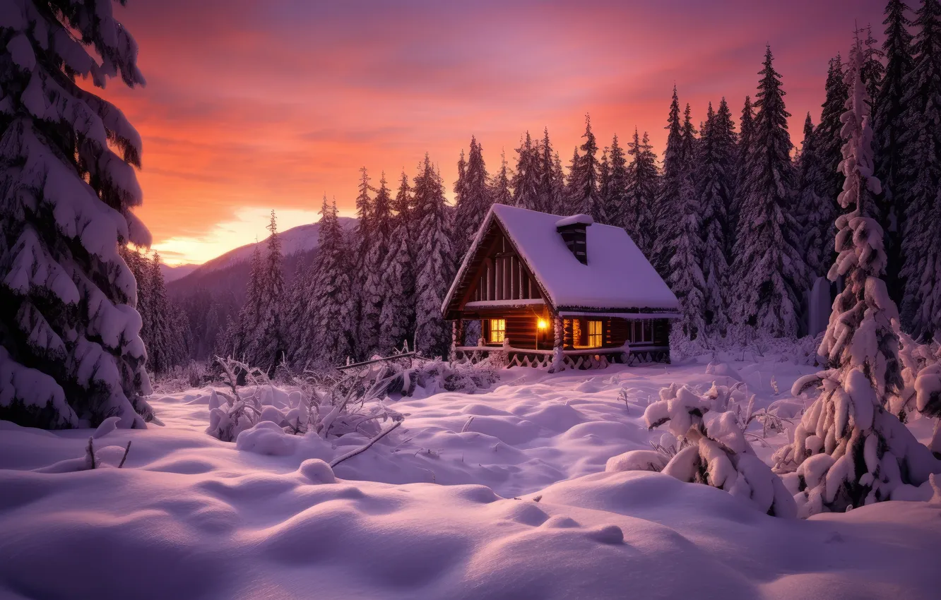 Photo wallpaper winter, forest, snow, mountains, night, nature, house, house