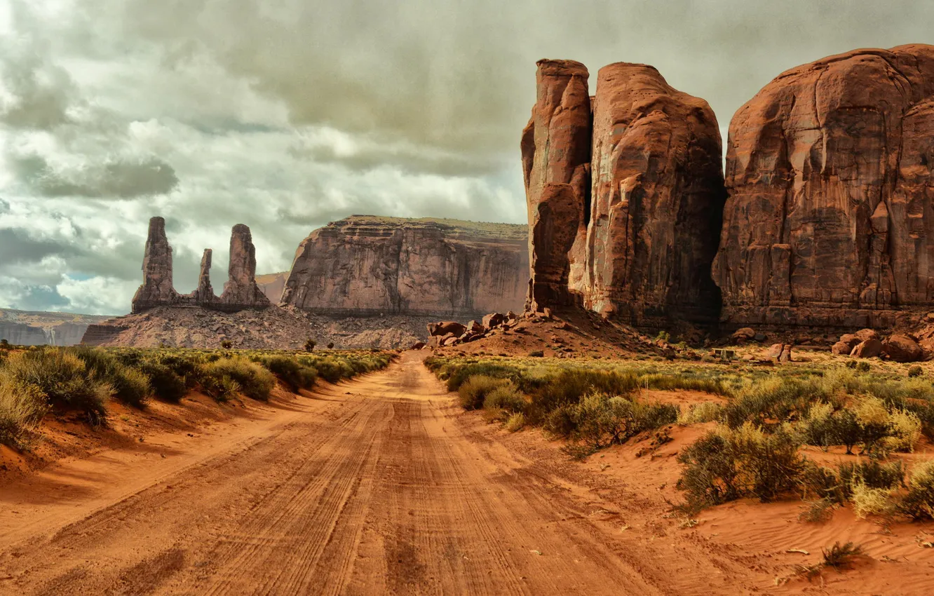 Photo wallpaper road, sand, clouds, rocks, AZ, USA, the bushes, Arizona