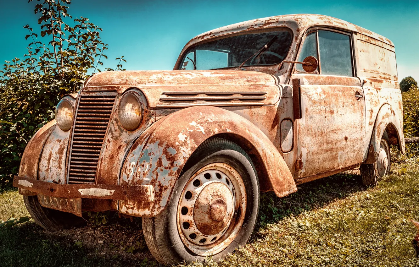 Photo wallpaper retro, rusty, broken, old, car, corrosion, abandoned car