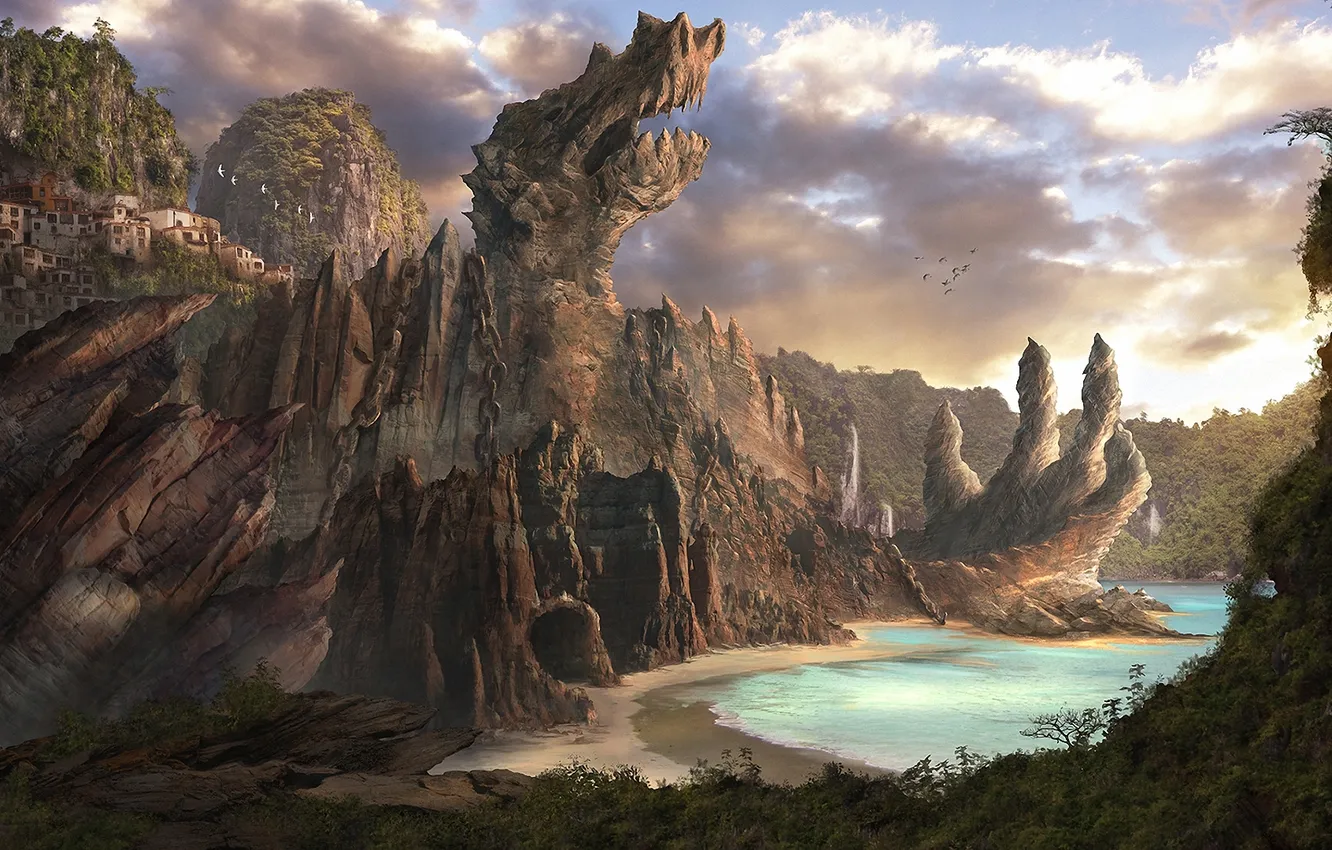 Photo wallpaper sea, landscape, rocks, shore, dragon, home, art, chain