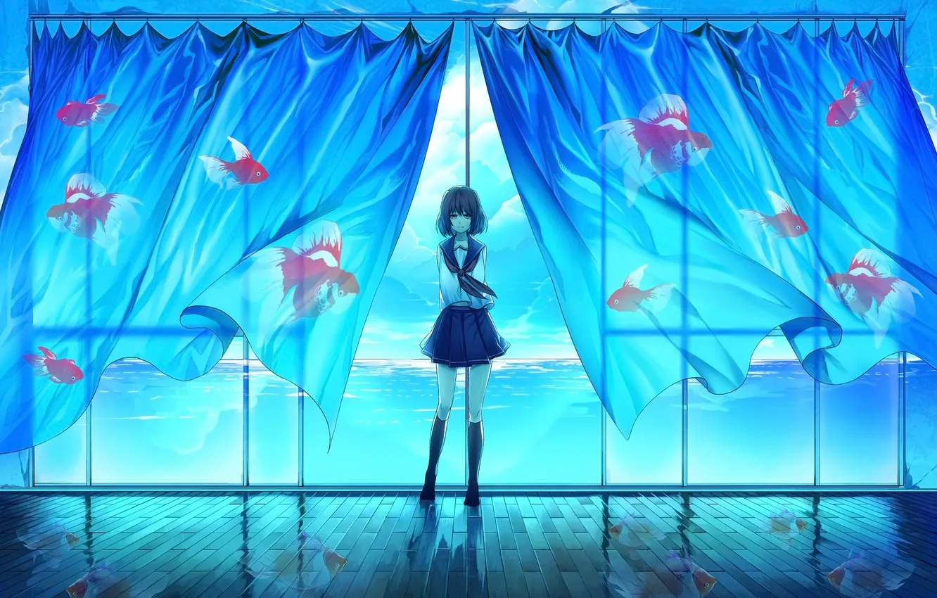 Photo wallpaper sea, girl, fish, smile, school uniform