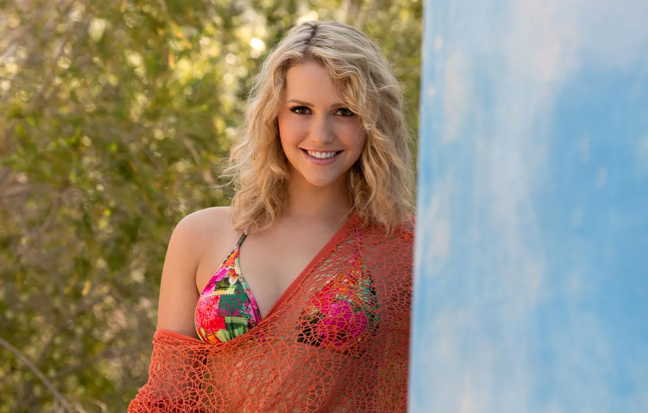 Photo wallpaper greens, look, girl, smile, blonde, bra, blouse, shoulders