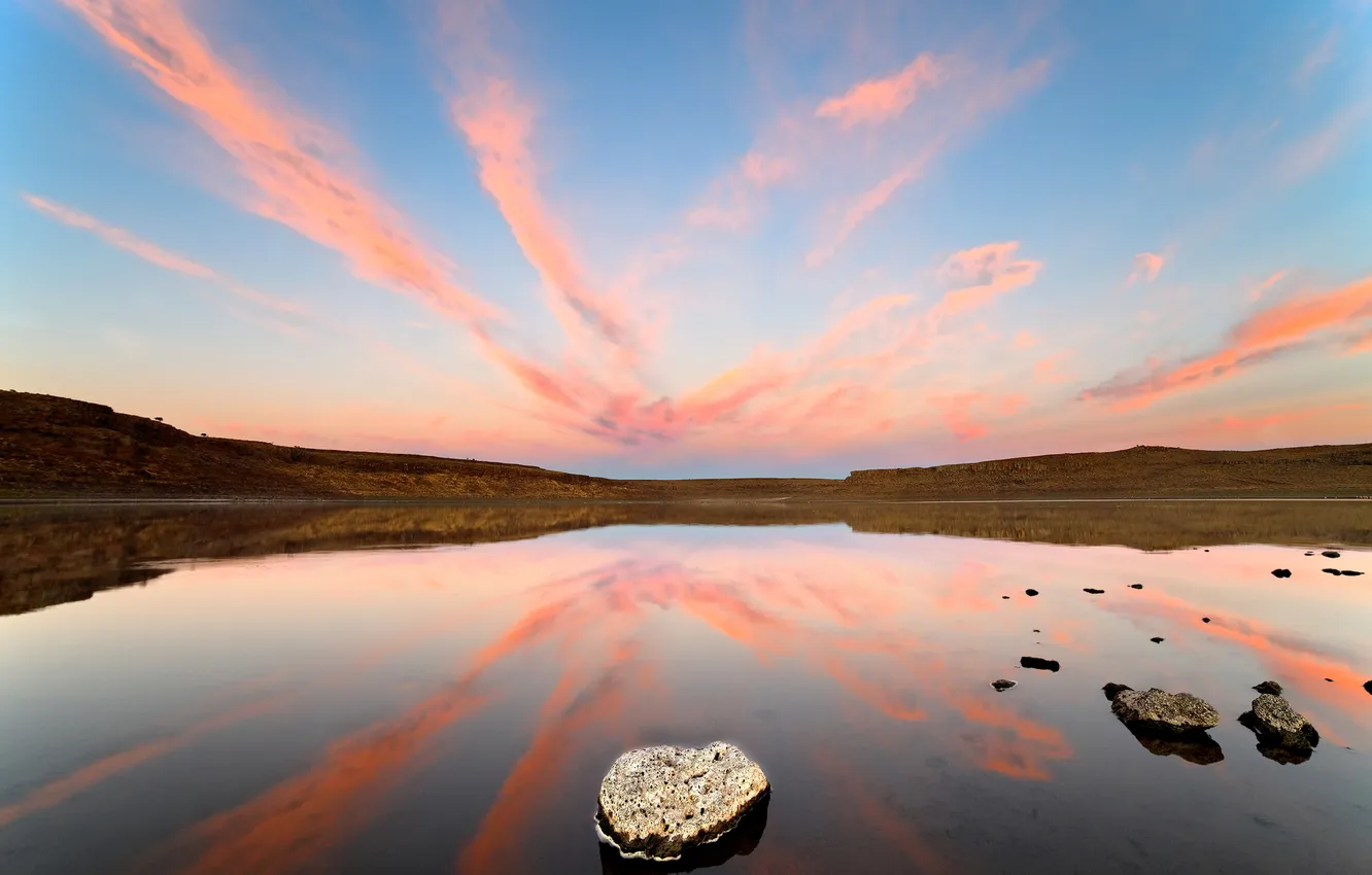 Photo wallpaper the sky, clouds, lake, reflection, stones, rocks