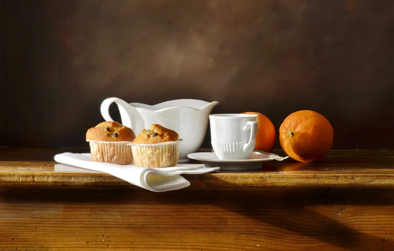 Photo wallpaper table, orange, spoon, Cup, dishes, saucer, napkin, cupcakes