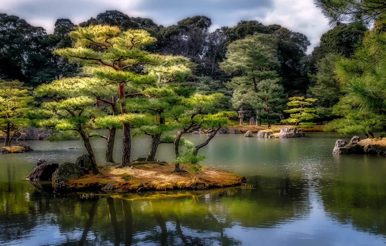 Photo wallpaper trees, pond, stones, treatment, Japan, garden, island, Kyoto