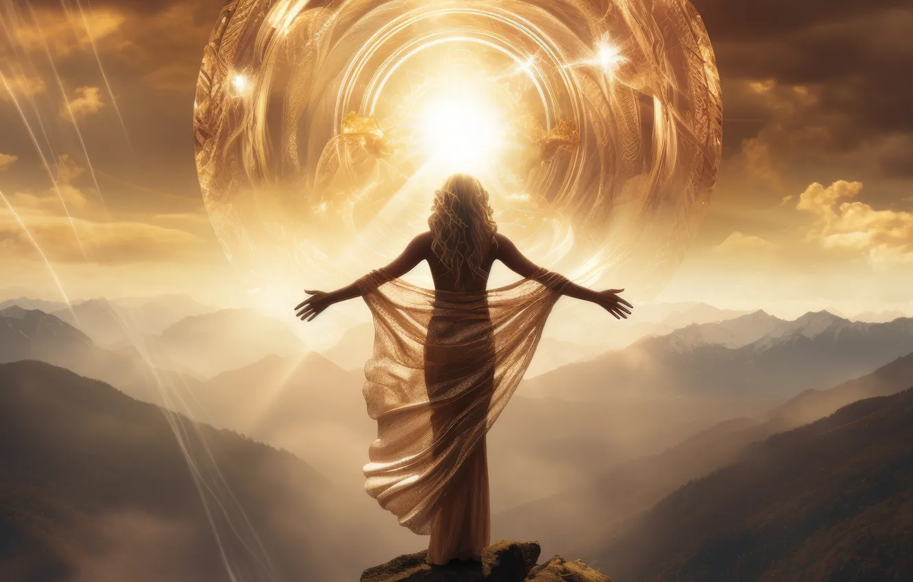Photo wallpaper girl, the sun, mountains, dress, back, digital art, AI art, The Art of Artificial Intelligence