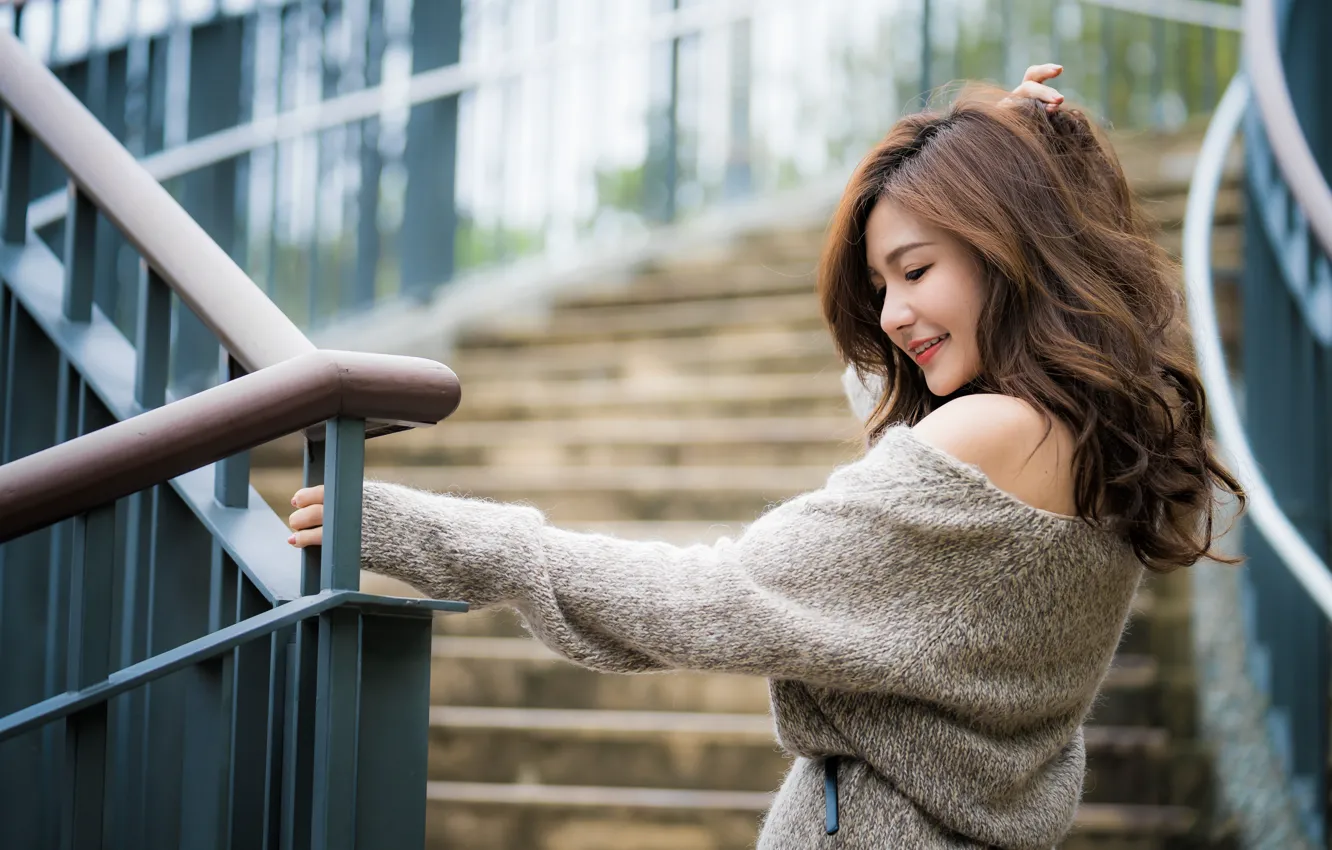Photo wallpaper girl, Asian, sweater, bokeh
