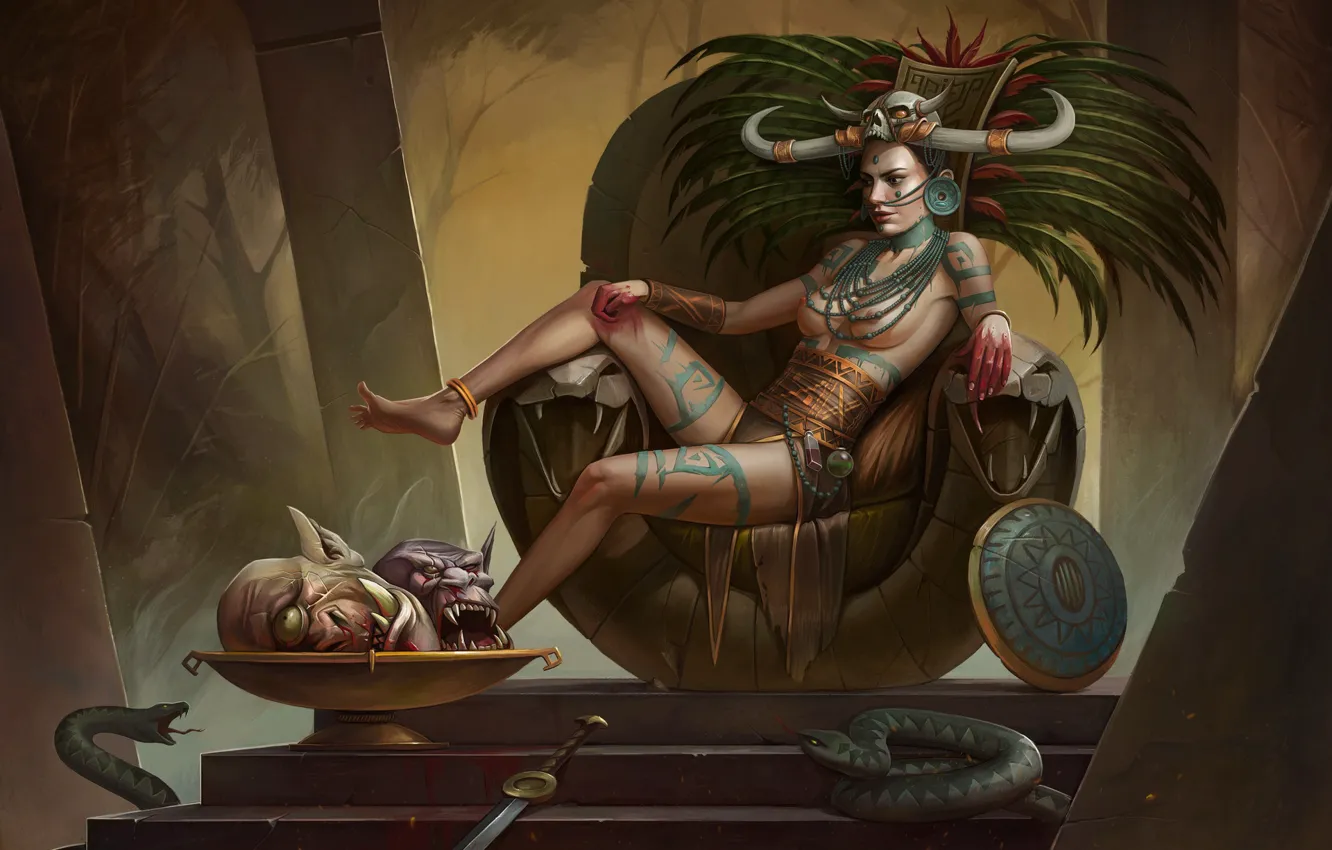 Photo wallpaper girl, skull, snake, tattoo, beads, shit, beautiful, the throne