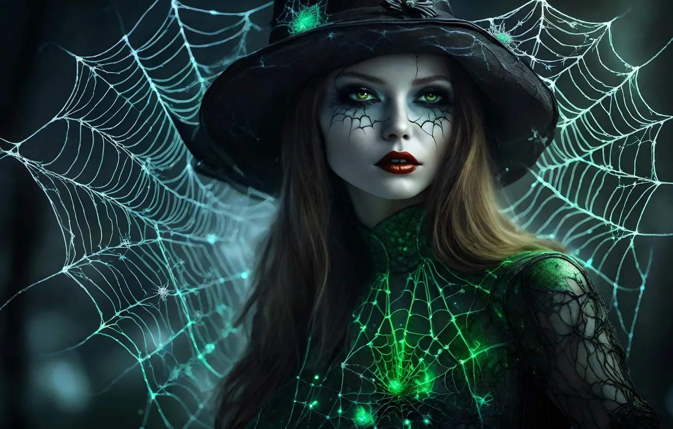 Photo wallpaper girl, web, witch