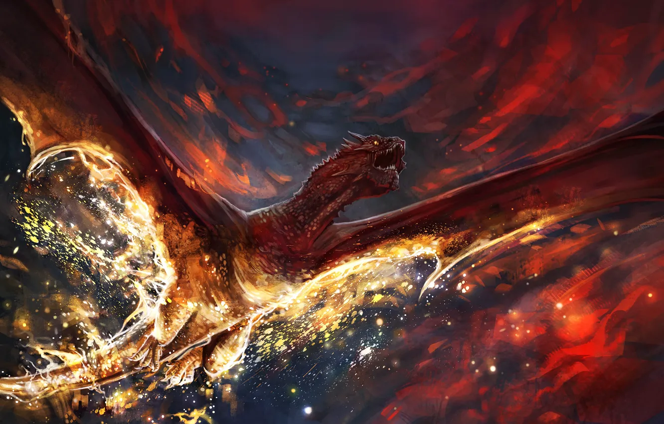 Photo wallpaper the sky, clouds, death, fire, dragon, wings, art