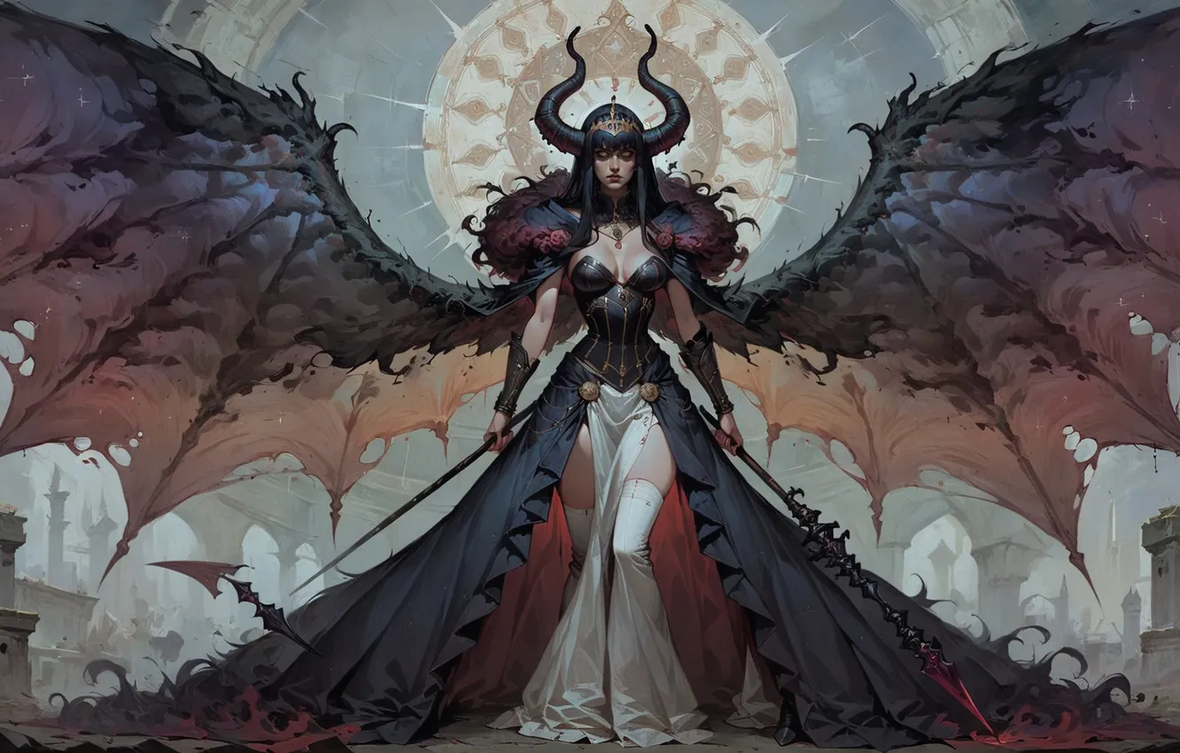 Photo wallpaper wings, the demon, fantasy, horns, spear, lady