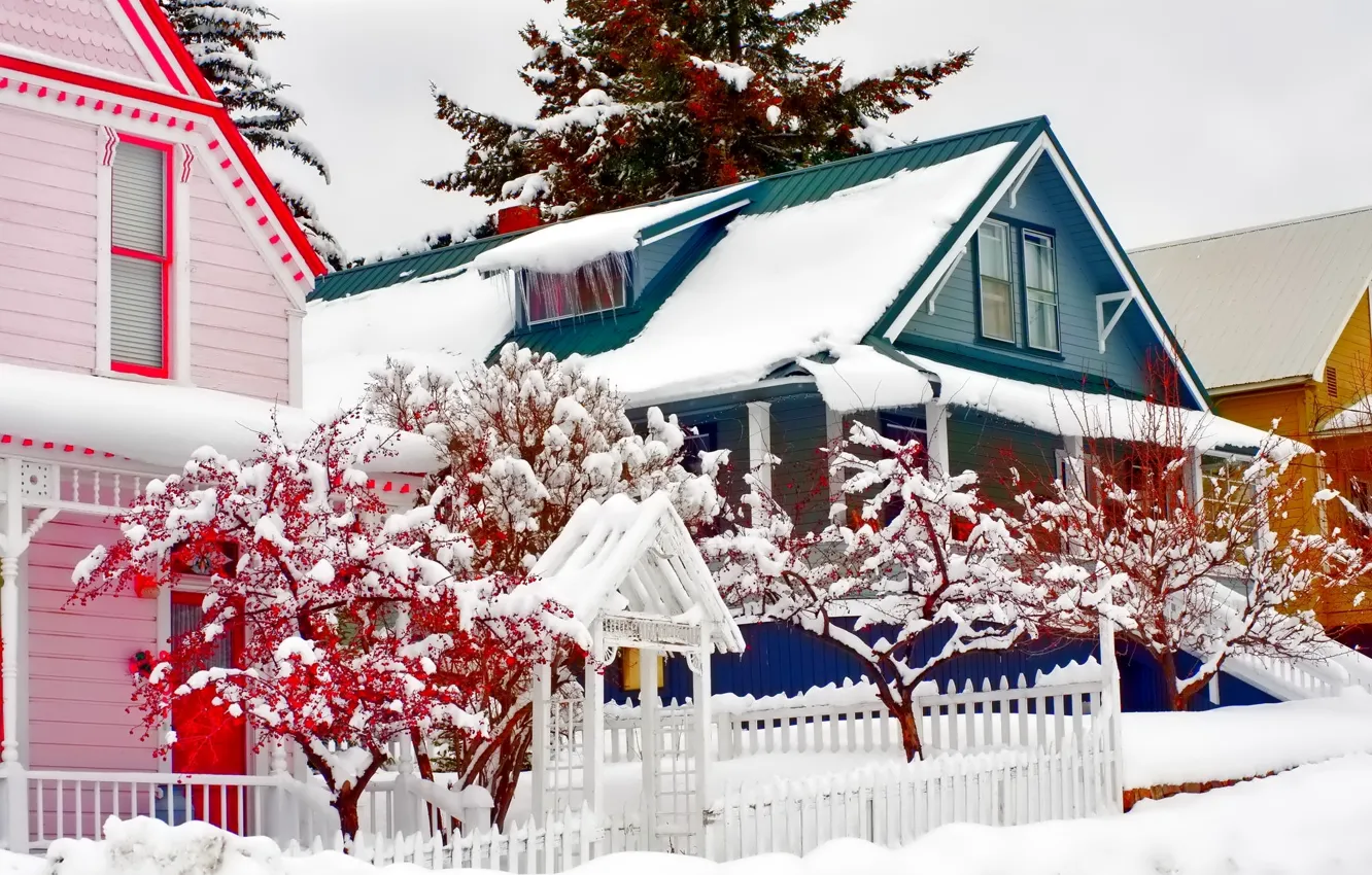 Photo wallpaper winter, snow, trees, the city, street, home