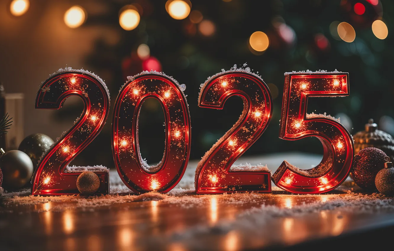 Photo wallpaper frost, balls, snow, red, lights, reflection, the dark background, new year