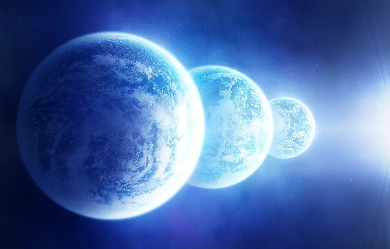 Photo wallpaper space, stars, light, planet, satellite, three