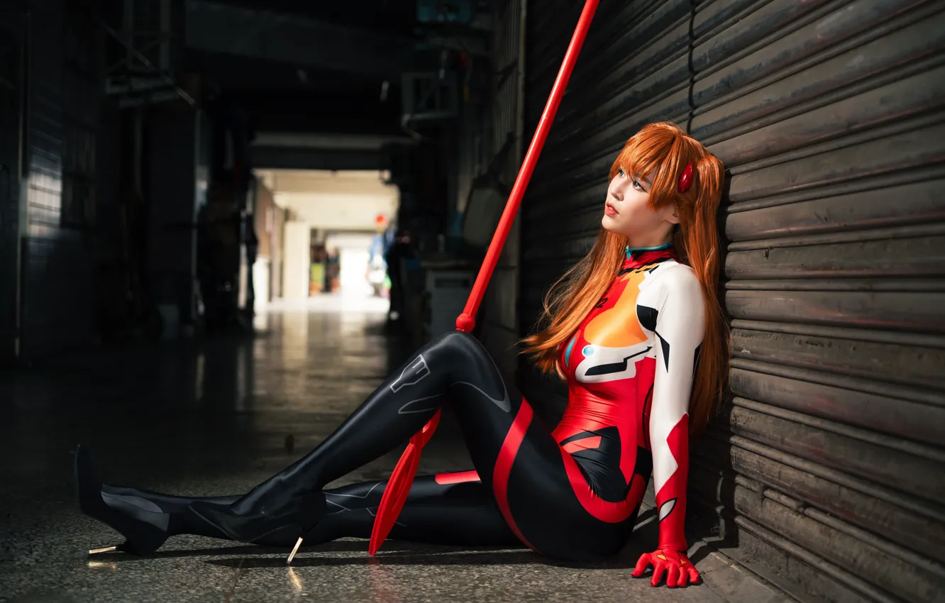 Photo wallpaper girl, pose, corridor, girl, Asian, red hair, Neon Genesis Evangelion, cutie