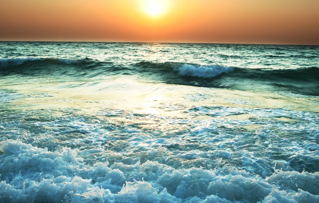 Photo wallpaper wave, the sun, sunset, shore, Sea, horizon