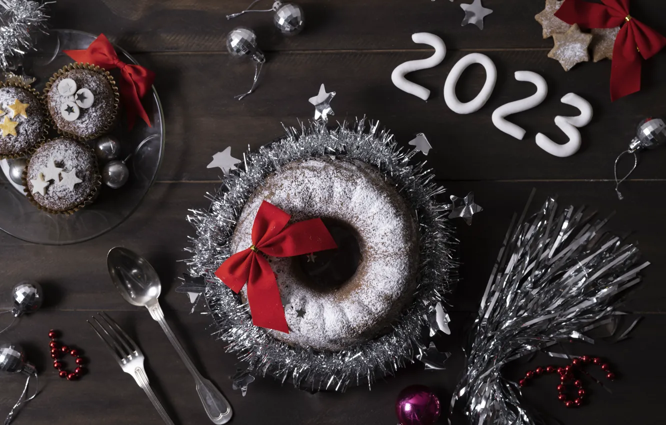 Photo wallpaper balls, table, Board, silver, new year, figures, pie, spoon