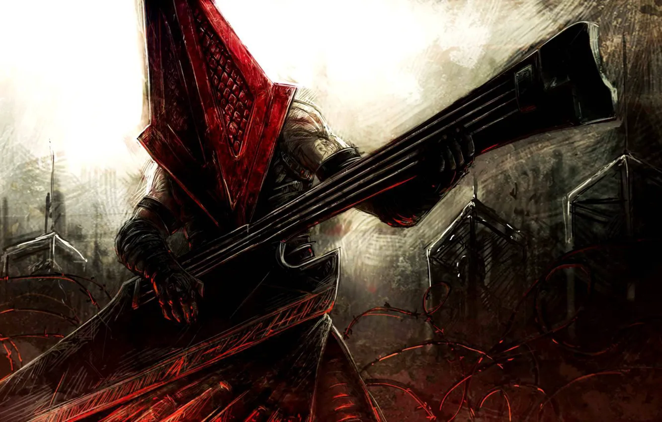 Photo wallpaper red, guitar, guitar, art, wire, Silent Hill 2, pyramid head, Pyramid Head
