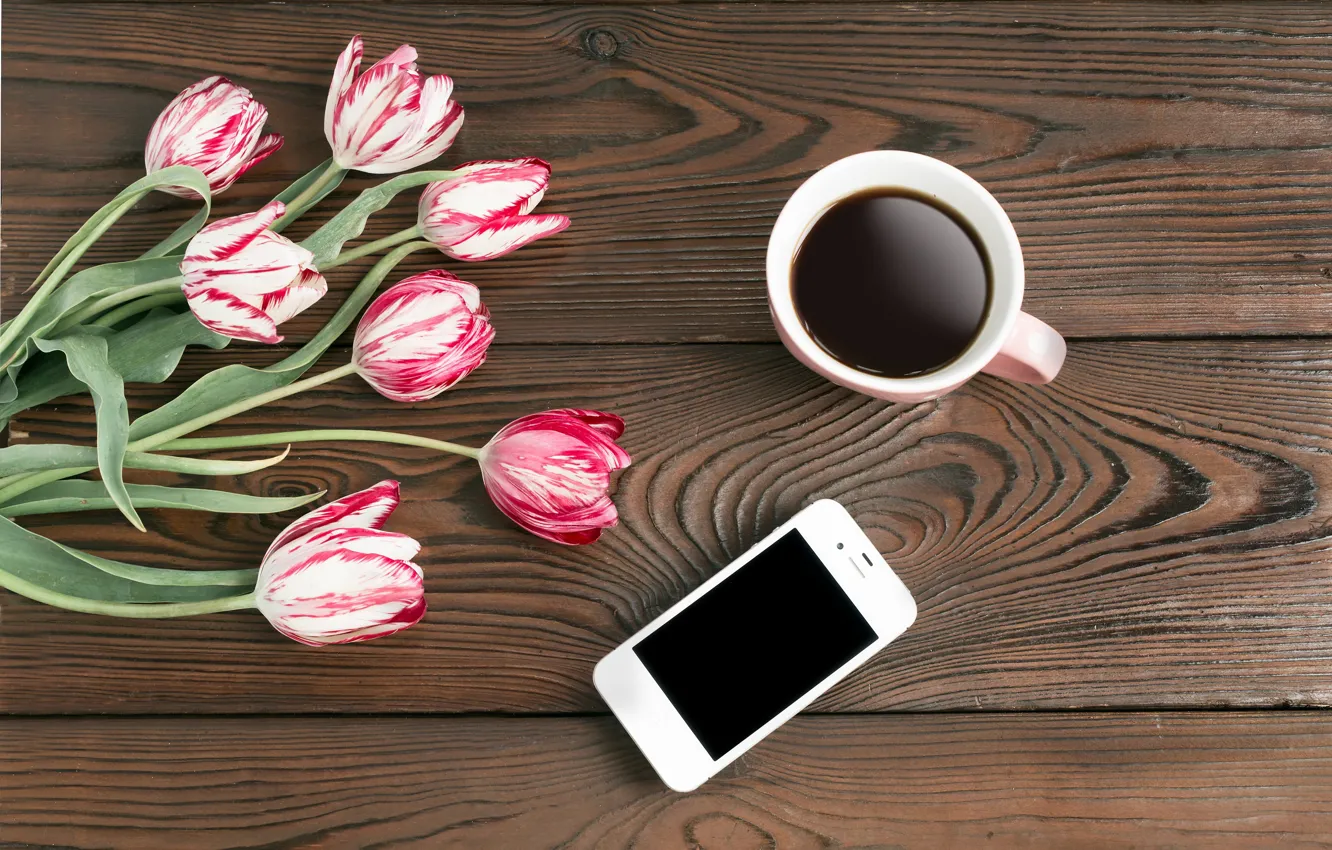 Photo wallpaper flowers, coffee, tulips, phone