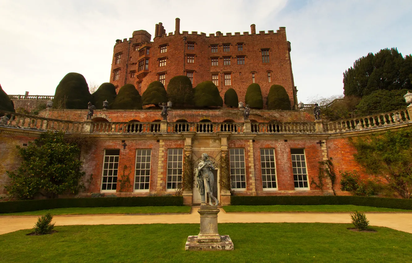 Photo wallpaper castle, lawn, UK, statue, architecture, Wales, Powis Castle