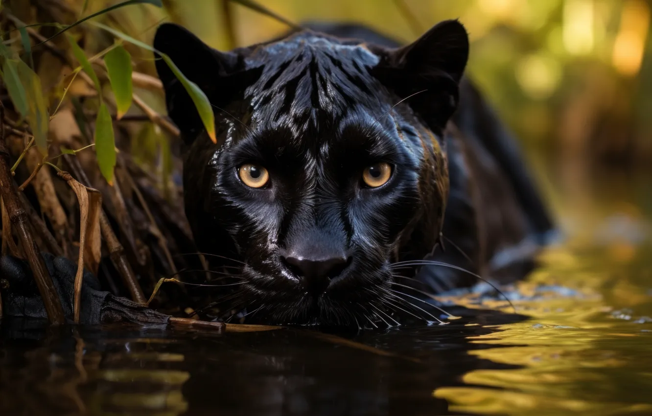 Photo wallpaper look, face, water, nature, pose, black, Panther, bathing