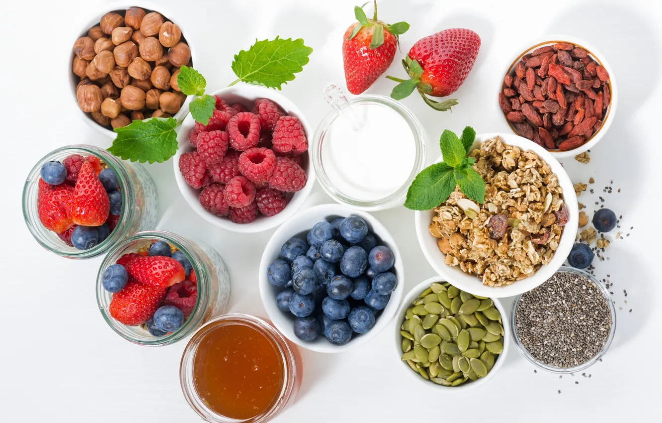 Photo wallpaper berries, raspberry, Mac, milk, strawberry, honey, seeds, mint